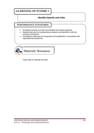 ELECTRICAL INSTALLATION MAINTENANCE 130
K to 12 – Technology and Livelihood Education
Video clips on hazards and risks
Materials/ Resources
Identify hazards and risks
LEARNING OUTCOME 1
 Workplace hazards and risks are identified and clearly explained.
 Hazards/risks and its corresponding indicators are identified in with the
company procedures.
 Contingency measures are recognized and established in accordance with
organizational procedures.

PERFORMANCE STANDARDS
 