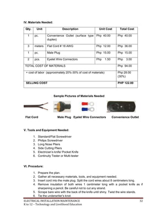 ELECTRICAL INSTALLATION MAINTENANCE 32
K to 12 – Technology and Livelihood Education
IV. Materials Needed:
Qty. Unit Description Unit Cost Total Cost
1 pc. Convenience Outlet (surface type
duplex)
Php 40.00 Php 40.00
3 meters Flat Cord # 18 AWG Php 12.00 Php 36.00
1 pc. Male Plug Php 15.00 Php 15.00
2 pcs. Eyelet Wire Connectors Php 1.50 Php 3.00
TOTAL COST OF MATERIALS Php 94.00
+ cost of labor (approximately 20%-30% of cost of materials) Php 28.00
(30%)
SELLING COST PHP 122.00
Sample Pictures of Materials Needed
Flat Cord Male Plug Eyelet Wire Connectors Convenience Outlet
V. Tools and Equipment Needed:
1. Standard/Flat Screwdriver
2. Philips Screwdriver
3. Long Nose Pliers
4. Side Cutting Pliers
5. Electrician’s knife/ Pocket Knife
6. Continuity Tester or Multi-tester
VI. Procedure:
1. Prepare the plan.
2. Gather all necessary materials, tools, and equipment needed.
3. Insert cord into the male plug. Split the cord wires about 8 centimeters long.
4. Remove insulation of both wires 1 centimeter long with a pocket knife as if
sharpening a pencil. Be careful not to cut any strand.
5. Scrape bare wire with the back of the knife until shiny. Twist the wire stands.
6. Tie the underwriter’s knot.
 