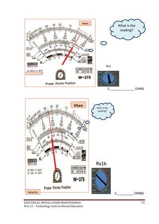 ELECTRICAL INSTALLATION MAINTENANCE 72
K to 12 – Technology and Livelihood Education
2._______________ OHMS
3._________ OHMS
Vhen
s
PANIDA
TECH.
Rx1k
What is the
reading?
Resistan
ce
Reading
Vhens
PANIDA
TECH.
Rx1
What is the
reading?
Resistanc
e Reading
 