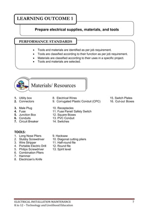 ELECTRICAL INSTALLATION MAINTENANCE 7
K to 12 – Technology and Livelihood Education
1. Utility box 8. Electrical Wires 15. Switch Plates
2. Connectors 9. Corrugated Plastic Conduit (CPC) 16. Cut-out Boxes
3. Male Plug 10. Receptacles
4. Fuse 11. Fuse Panel/ Safety Switch
5. Junction Box 12. Square Boxes
6. Conduits 13. PVC Conduit
7. Circuit Breaker 14. Switches
TOOLS:
1. Long Nose Pliers 9. Hacksaw
2. Stubby Screwdriver 10. Diagonal cutting pliers
3. Wire Stripper 11. Half-round file
4. Portable Electric Drill 12. Round file
5. Philips Screwdriver 13. Spirit level
6. Combination Pliers
7. Hammer
8. Electrician’s Knife
Materials/ Resources
Prepare electrical supplies, materials, and tools
LEARNING OUTCOME 1
 Tools and materials are identified as per job requirement.
 Tools are classified according to their function as per job requirement.
 Materials are classified according to their uses in a specific project.
 Tools and materials are selected.
PERFORMANCE STANDARDS
 