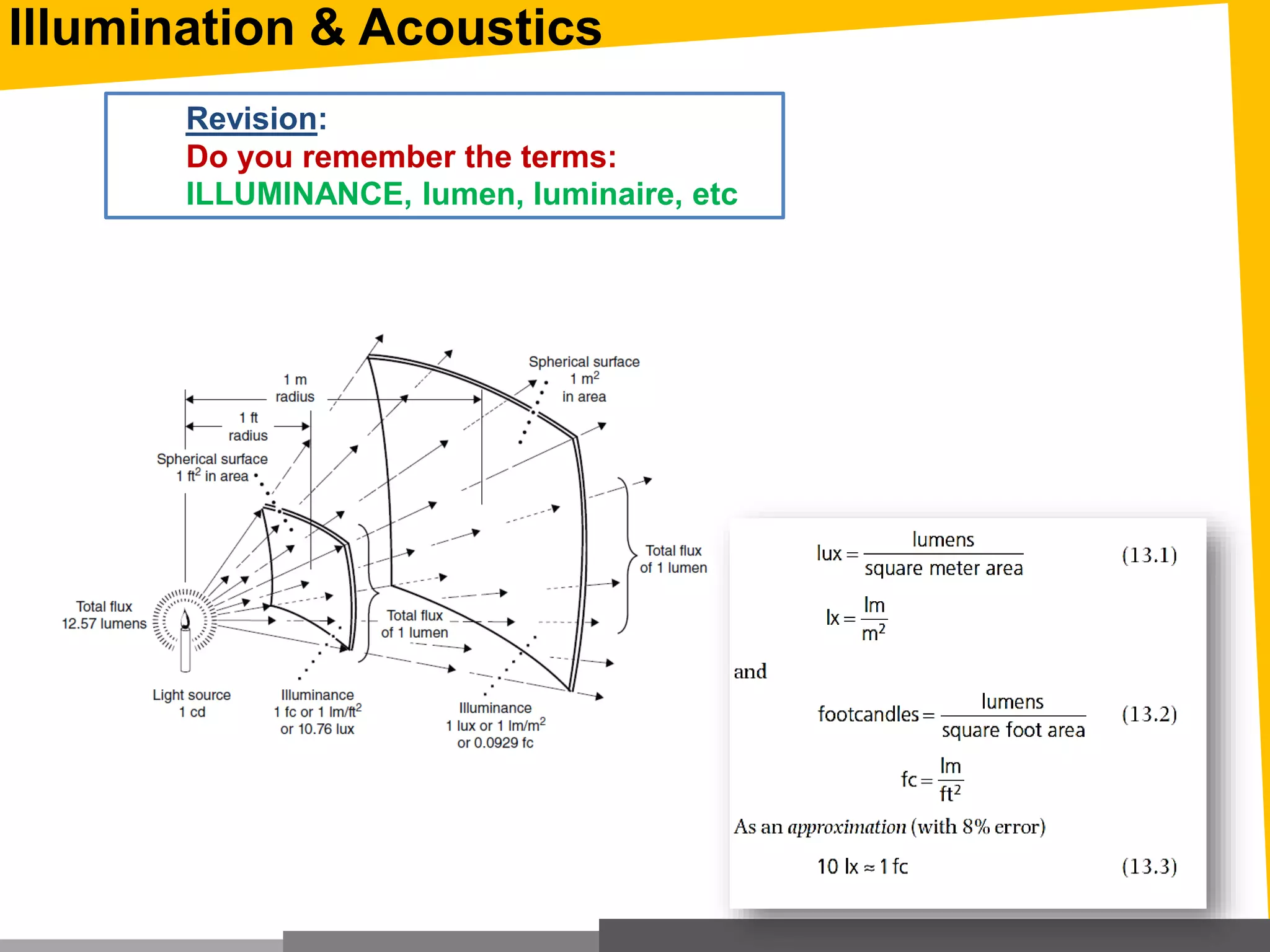 Revision:
Do you remember the terms:
ILLUMINANCE, lumen, luminaire, etc
Illumination & Acoustics
 
