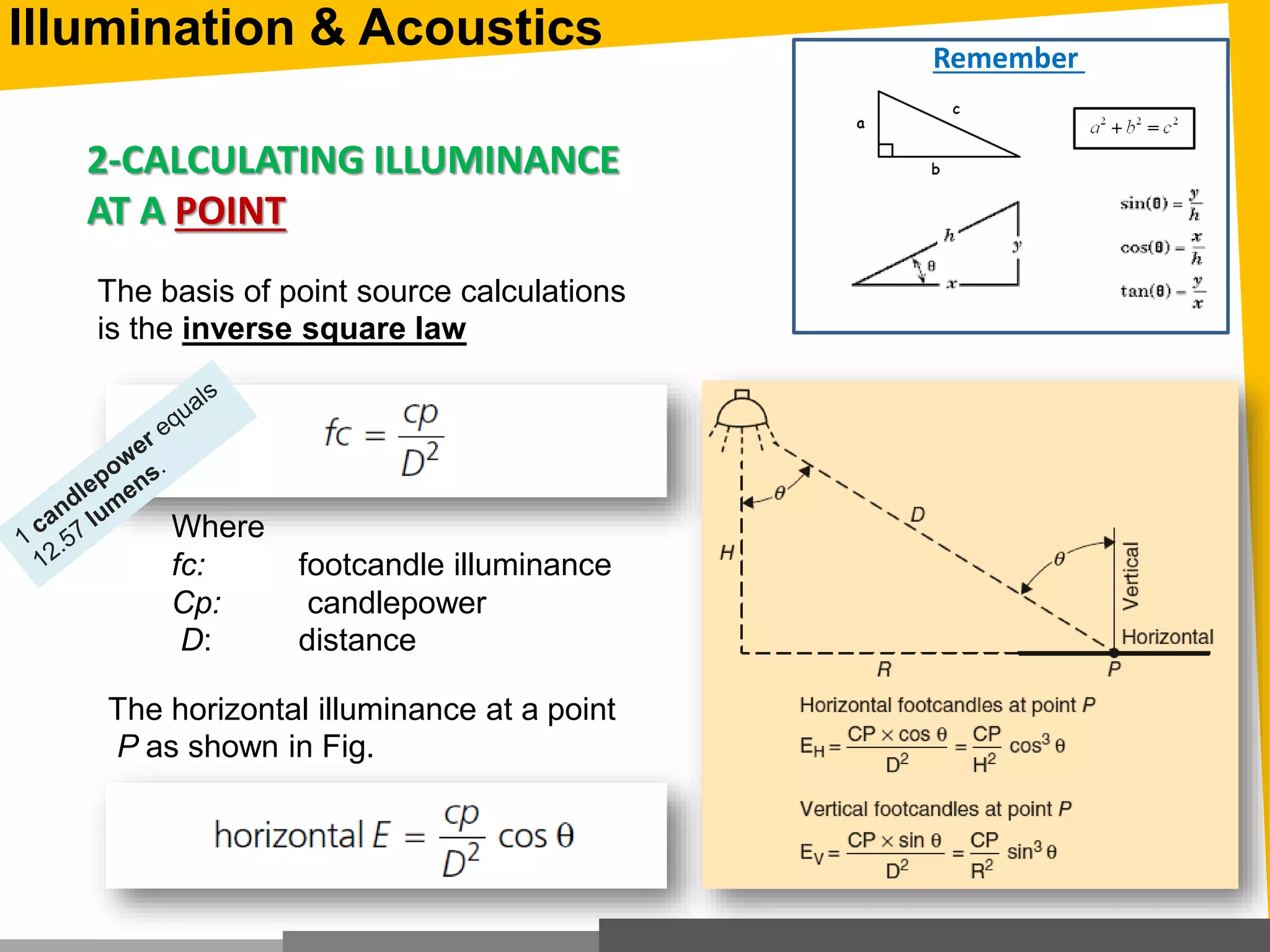 Illumination & Acoustics
2-CALCULATING ILLUMINANCE
AT A POINT
The basis of point source calculations
is the inverse square law
Where
fc: footcandle illuminance
Cp: candlepower
D: distance
The horizontal illuminance at a point
P as shown in Fig.
Remember
 