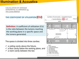 Definition: A coefficient of utilization (CU)
is the ratio between the lumens reaching
the working plane in a specific space and
the lumens generated.
THE COEFFICIENT OF UTILIZATION (CU)
The space is divided into three cavities:
 a ceiling cavity above the fixture,
 a floor cavity below the working plane, and
 a room cavity between the two
CALCULATION OF AVERAGE
HORIZONTAL ILLUMINANCE by
The Lumen Method
Illumination & Acoustics
 
