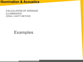 CALCULATION OF AVERAGE
ILLUMINANCE
ZONAL CAVITY METHOD
Examples
Illumination & Acoustics
 
