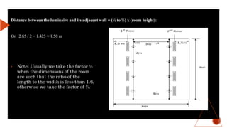 • Note: Usually we take the factor ½
when the dimensions of the room
are such that the ratio of the
length to the width is less than 1.6,
otherwise we take the factor of ⅓.
Distance between the luminaire and its adjacent wall = (½ to ⅓) x (room height):
Or 2.85 / 2 = 1.425 ≈ 1.50 m
 