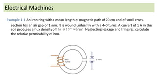 Electrical Machines
Example 1.1 An iron ring with a mean length of magnetic path of 20 cm and of small cross-
section has an air gap of 1 mm. It is wound uniformly with a 440 turns. A current of 1 A in the
coil produces a flux density of . Neglecting leakage and fringing , calculate
the relative permeability of iron.
 