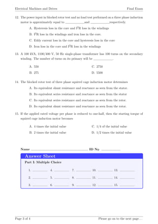 Electrical machines and drive final exam | PDF