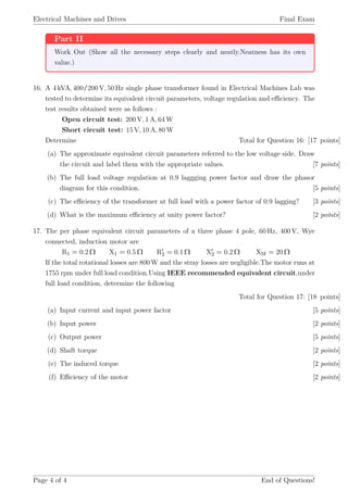 Electrical machines and drive final exam | PDF