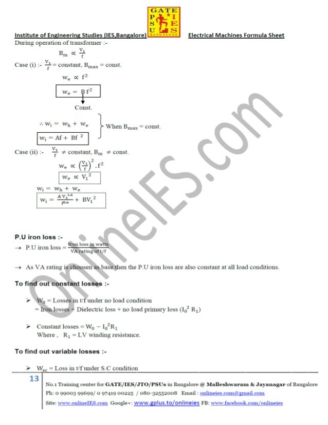 Electrical machines formula sheet for gate