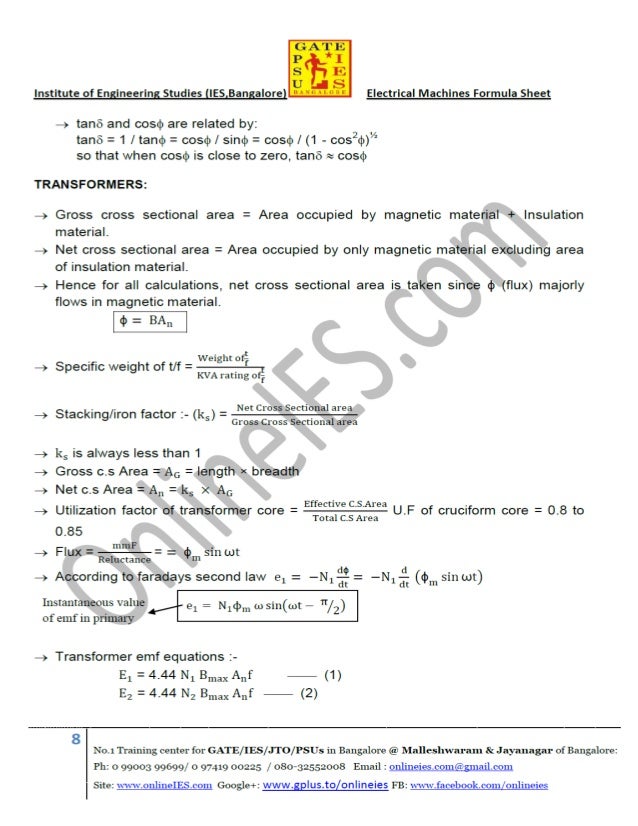 Electrical machines formula sheet for gate