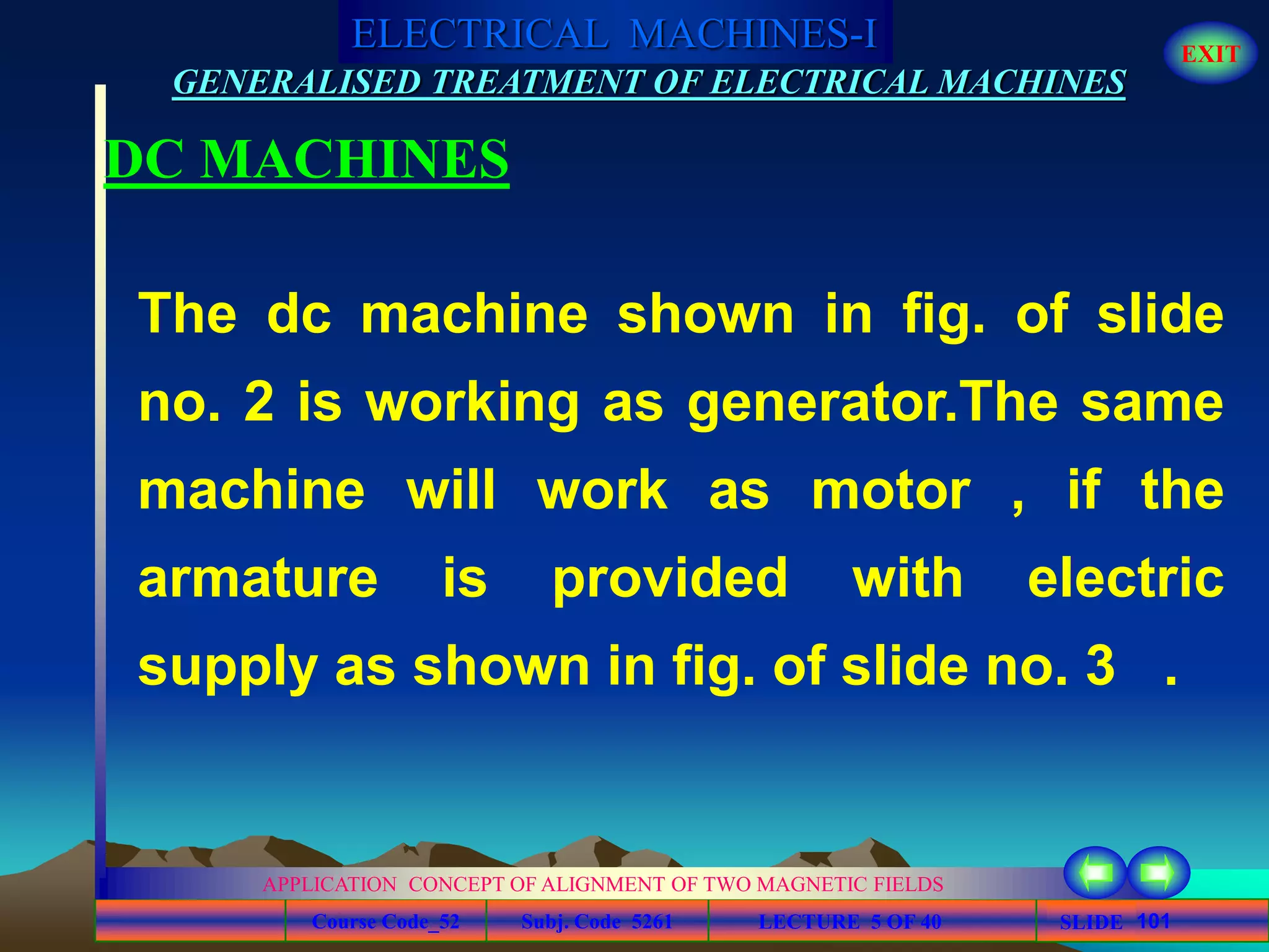 Course Code_52 Subj. Code 5261 101SLIDE
ELECTRICAL MACHINES-I EXIT
GENERALISED TREATMENT OF ELECTRICAL MACHINES
LECTURE 5 OF 40
APPLICATION CONCEPT OF ALIGNMENT OF TWO MAGNETIC FIELDS
DC MACHINES
The dc machine shown in fig. of slide
no. 2 is working as generator.The same
machine will work as motor , if the
armature is provided with electric
supply as shown in fig. of slide no. 3 .
 