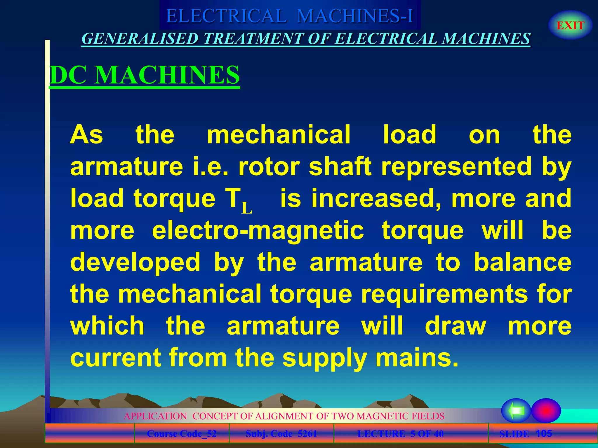 Course Code_52 Subj. Code 5261 105SLIDE
ELECTRICAL MACHINES-I EXIT
GENERALISED TREATMENT OF ELECTRICAL MACHINES
LECTURE 5 OF 40
APPLICATION CONCEPT OF ALIGNMENT OF TWO MAGNETIC FIELDS
DC MACHINES
As the mechanical load on the
armature i.e. rotor shaft represented by
load torque TL is increased, more and
more electro-magnetic torque will be
developed by the armature to balance
the mechanical torque requirements for
which the armature will draw more
current from the supply mains.
 