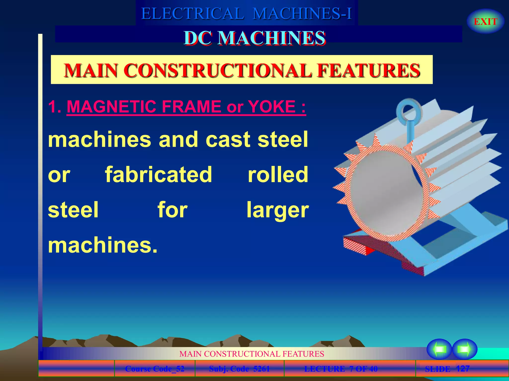Course Code_52 Subj. Code 5261 127SLIDE
ELECTRICAL MACHINES-I EXIT
GENERALISED TREATMENT OF ELECTRICAL MACHINES
MAIN CONSTRUCTIONAL FEATURES
LECTURE 7 OF 40
DC MACHINES
MAIN CONSTRUCTIONAL FEATURES
machines and cast steel
or fabricated rolled
steel for larger
machines.
1. MAGNETIC FRAME or YOKE :
 
