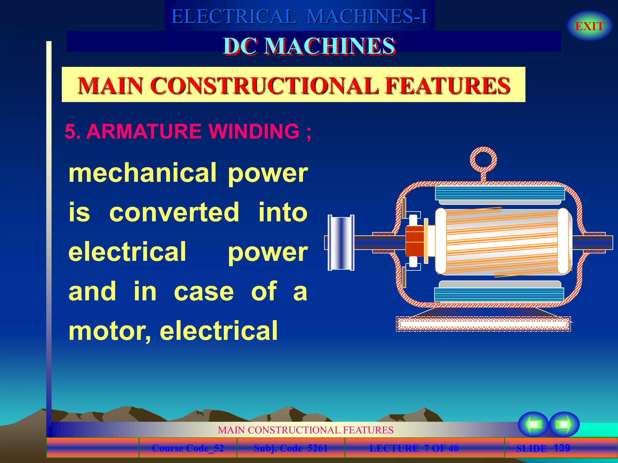 Course Code_52 Subj. Code 5261 139SLIDE
ELECTRICAL MACHINES-I EXIT
GENERALISED TREATMENT OF ELECTRICAL MACHINES
MAIN CONSTRUCTIONAL FEATURES
LECTURE 7 OF 40
DC MACHINES
MAIN CONSTRUCTIONAL FEATURES
5. ARMATURE WINDING ;
mechanical power
is converted into
electrical power
and in case of a
motor, electrical
 