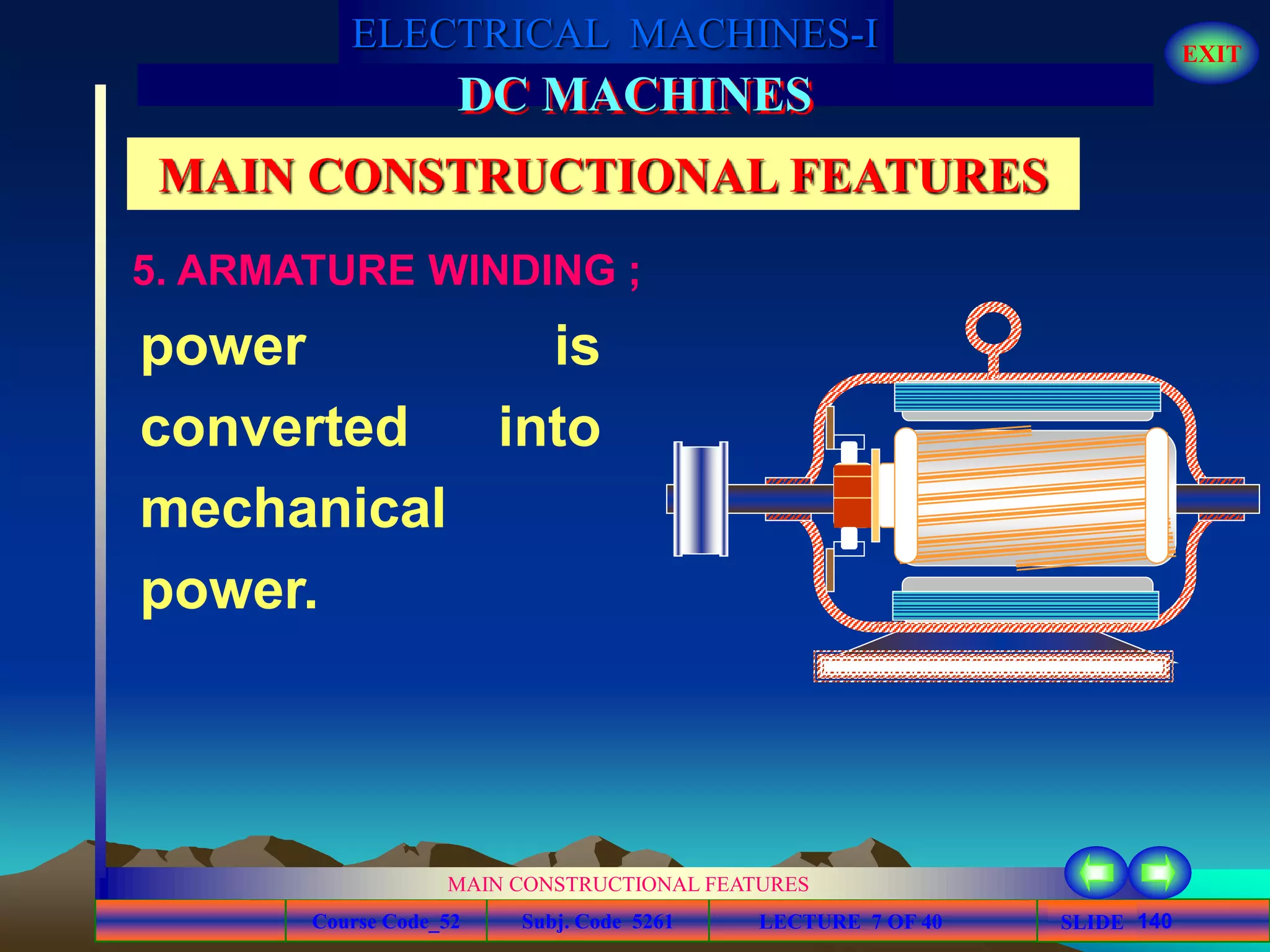 Course Code_52 Subj. Code 5261 140SLIDE
ELECTRICAL MACHINES-I EXIT
GENERALISED TREATMENT OF ELECTRICAL MACHINES
MAIN CONSTRUCTIONAL FEATURES
LECTURE 7 OF 40
DC MACHINES
MAIN CONSTRUCTIONAL FEATURES
5. ARMATURE WINDING ;
power is
converted into
mechanical
power.
 
