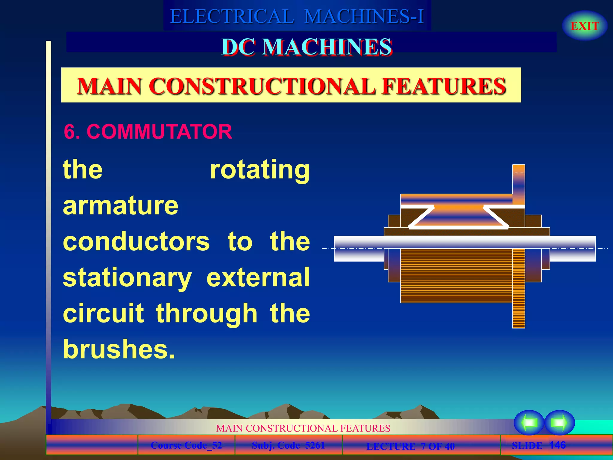Course Code_52 Subj. Code 5261 146SLIDE
ELECTRICAL MACHINES-I EXIT
GENERALISED TREATMENT OF ELECTRICAL MACHINES
MAIN CONSTRUCTIONAL FEATURES
LECTURE 7 OF 40
DC MACHINES
MAIN CONSTRUCTIONAL FEATURES
6. COMMUTATOR
the rotating
armature
conductors to the
stationary external
circuit through the
brushes.
 