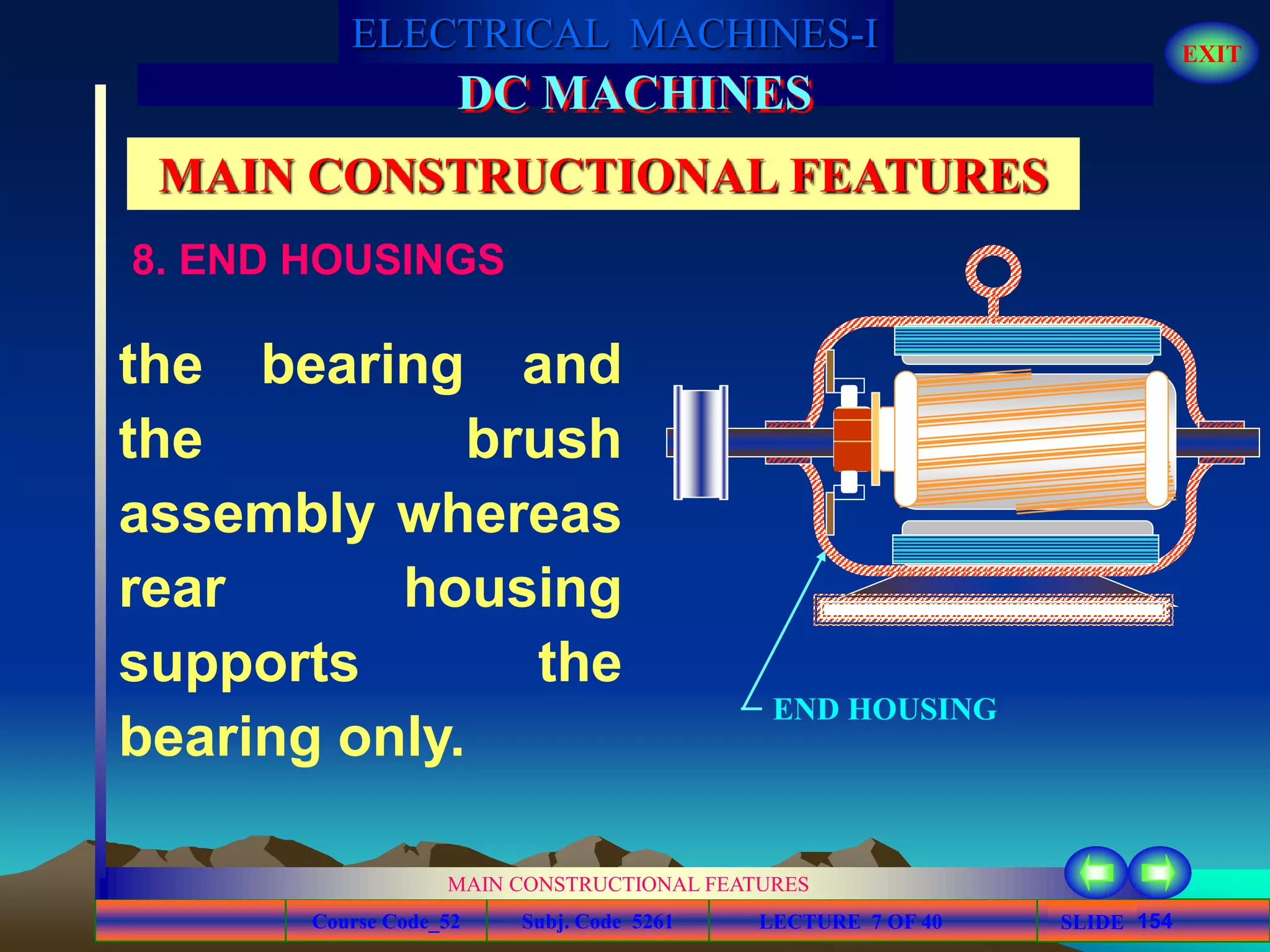 Course Code_52 Subj. Code 5261 154SLIDE
ELECTRICAL MACHINES-I EXIT
GENERALISED TREATMENT OF ELECTRICAL MACHINES
MAIN CONSTRUCTIONAL FEATURES
LECTURE 7 OF 40
DC MACHINES
MAIN CONSTRUCTIONAL FEATURES
8. END HOUSINGS
the bearing and
the brush
assembly whereas
rear housing
supports the
bearing only.
END HOUSING
 