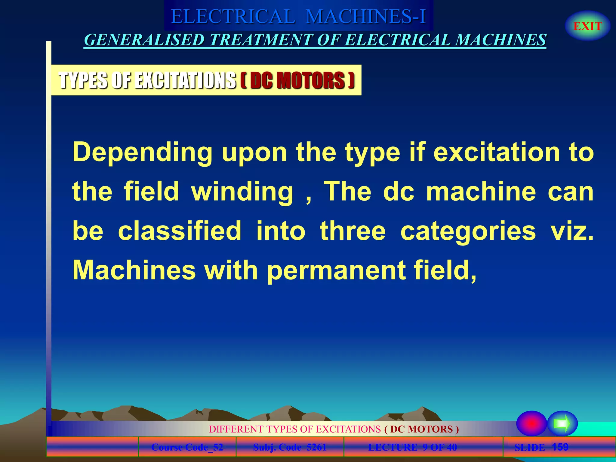 Course Code_52 Subj. Code 5261 159SLIDE
ELECTRICAL MACHINES-I EXIT
GENERALISED TREATMENT OF ELECTRICAL MACHINES
LECTURE 9 OF 40
DIFFERENT TYPES OF EXCITATIONS ( DC MOTORS )
TYPES OF EXCITATIONS ( DC MOTORS )
Depending upon the type if excitation to
the field winding , The dc machine can
be classified into three categories viz.
Machines with permanent field,
 