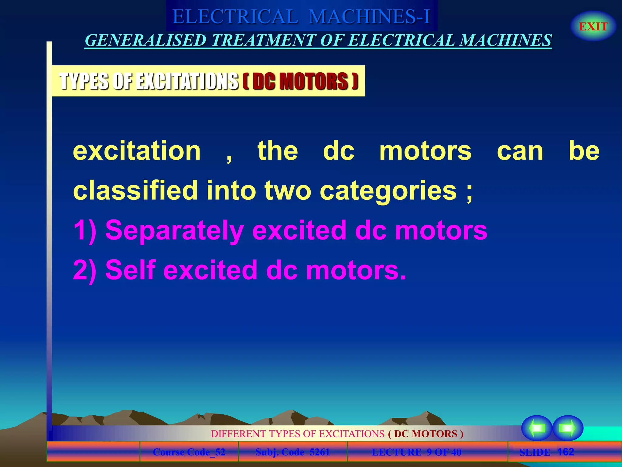 Course Code_52 Subj. Code 5261 162SLIDE
ELECTRICAL MACHINES-I EXIT
GENERALISED TREATMENT OF ELECTRICAL MACHINES
LECTURE 9 OF 40
TYPES OF EXCITATIONS ( DC MOTORS )
excitation , the dc motors can be
classified into two categories ;
1) Separately excited dc motors
2) Self excited dc motors.
DIFFERENT TYPES OF EXCITATIONS ( DC MOTORS )
 