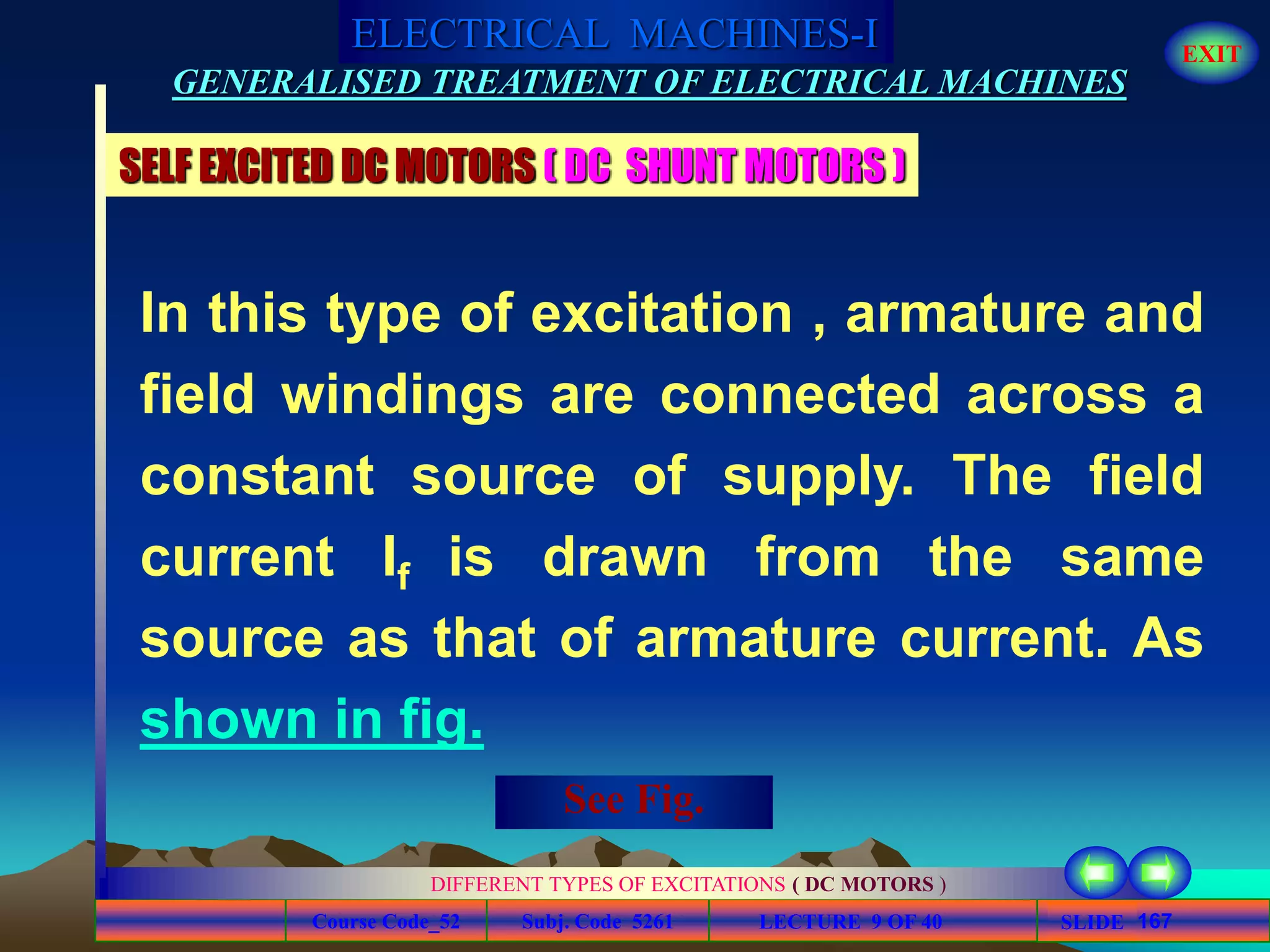 Course Code_52 Subj. Code 5261 167SLIDE
ELECTRICAL MACHINES-I EXIT
GENERALISED TREATMENT OF ELECTRICAL MACHINES
LECTURE 9 OF 40
DIFFERENT TYPES OF EXCITATIONS ( DC MOTORS )
SELF EXCITED DC MOTORS ( DC SHUNT MOTORS )
In this type of excitation , armature and
field windings are connected across a
constant source of supply. The field
current If is drawn from the same
source as that of armature current. As
shown in fig.
See Fig.
 