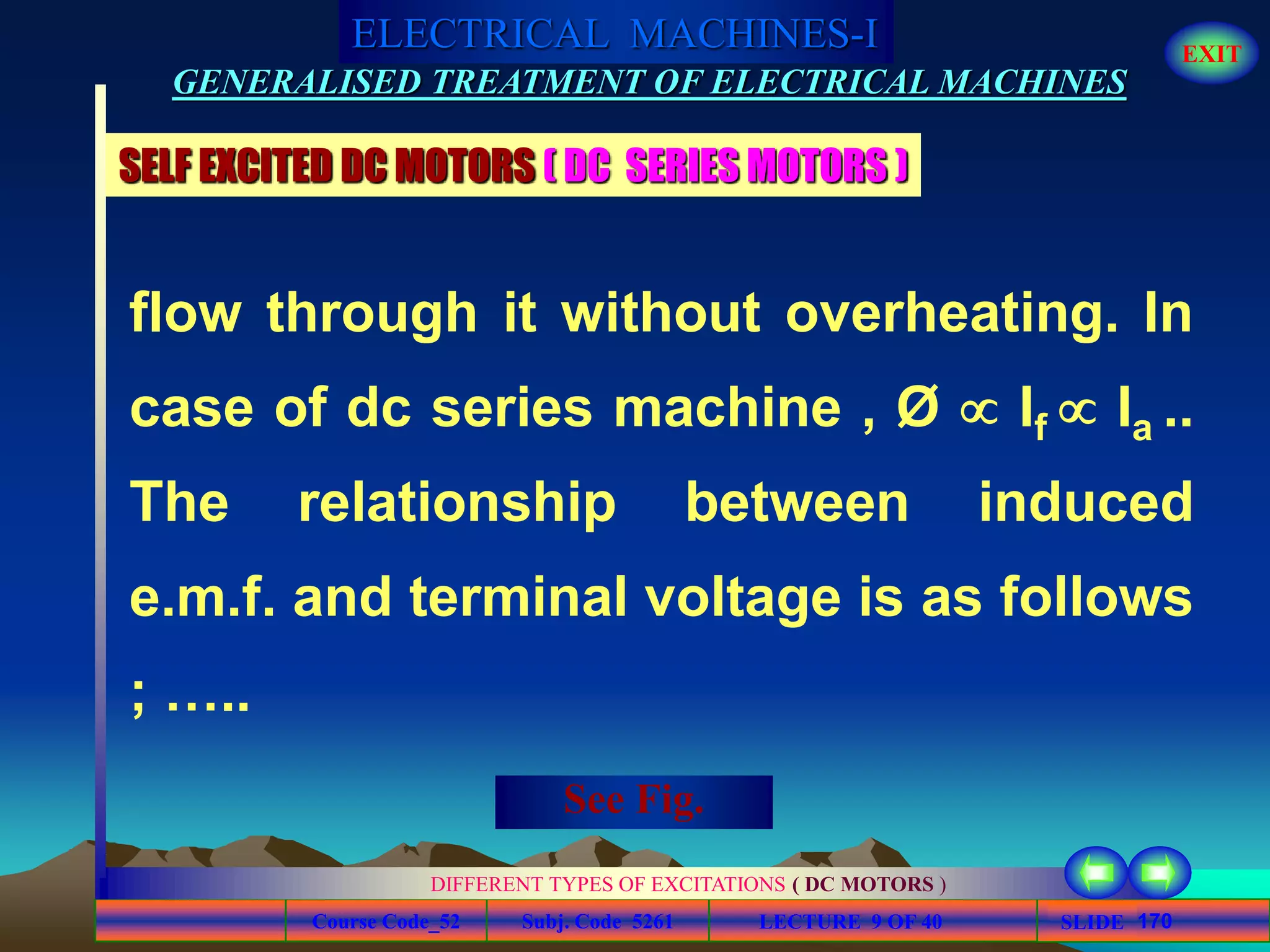 Course Code_52 Subj. Code 5261 170SLIDE
ELECTRICAL MACHINES-I EXIT
GENERALISED TREATMENT OF ELECTRICAL MACHINES
LECTURE 9 OF 40
DIFFERENT TYPES OF EXCITATIONS ( DC MOTORS )
flow through it without overheating. In
case of dc series machine , Ø  If  Ia ..
The relationship between induced
e.m.f. and terminal voltage is as follows
; …..
See Fig.
SELF EXCITED DC MOTORS ( DC SERIES MOTORS )
 