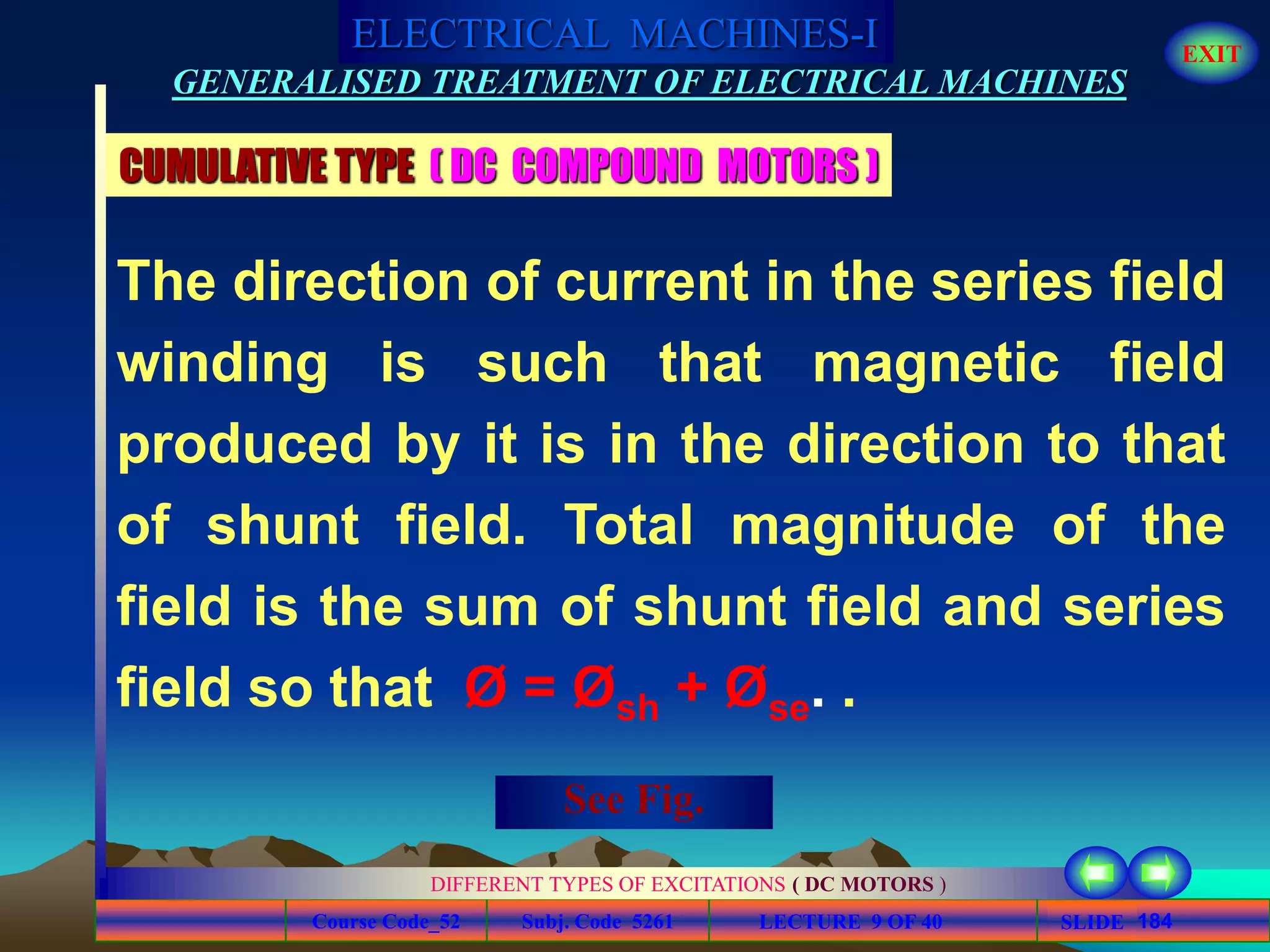 Course Code_52 Subj. Code 5261 184SLIDE
ELECTRICAL MACHINES-I EXIT
GENERALISED TREATMENT OF ELECTRICAL MACHINES
LECTURE 9 OF 40
DIFFERENT TYPES OF EXCITATIONS ( DC MOTORS )
CUMULATIVE TYPE ( DC COMPOUND MOTORS )
The direction of current in the series field
winding is such that magnetic field
produced by it is in the direction to that
of shunt field. Total magnitude of the
field is the sum of shunt field and series
field so that Ø = Øsh + Øse. .
See Fig.
 