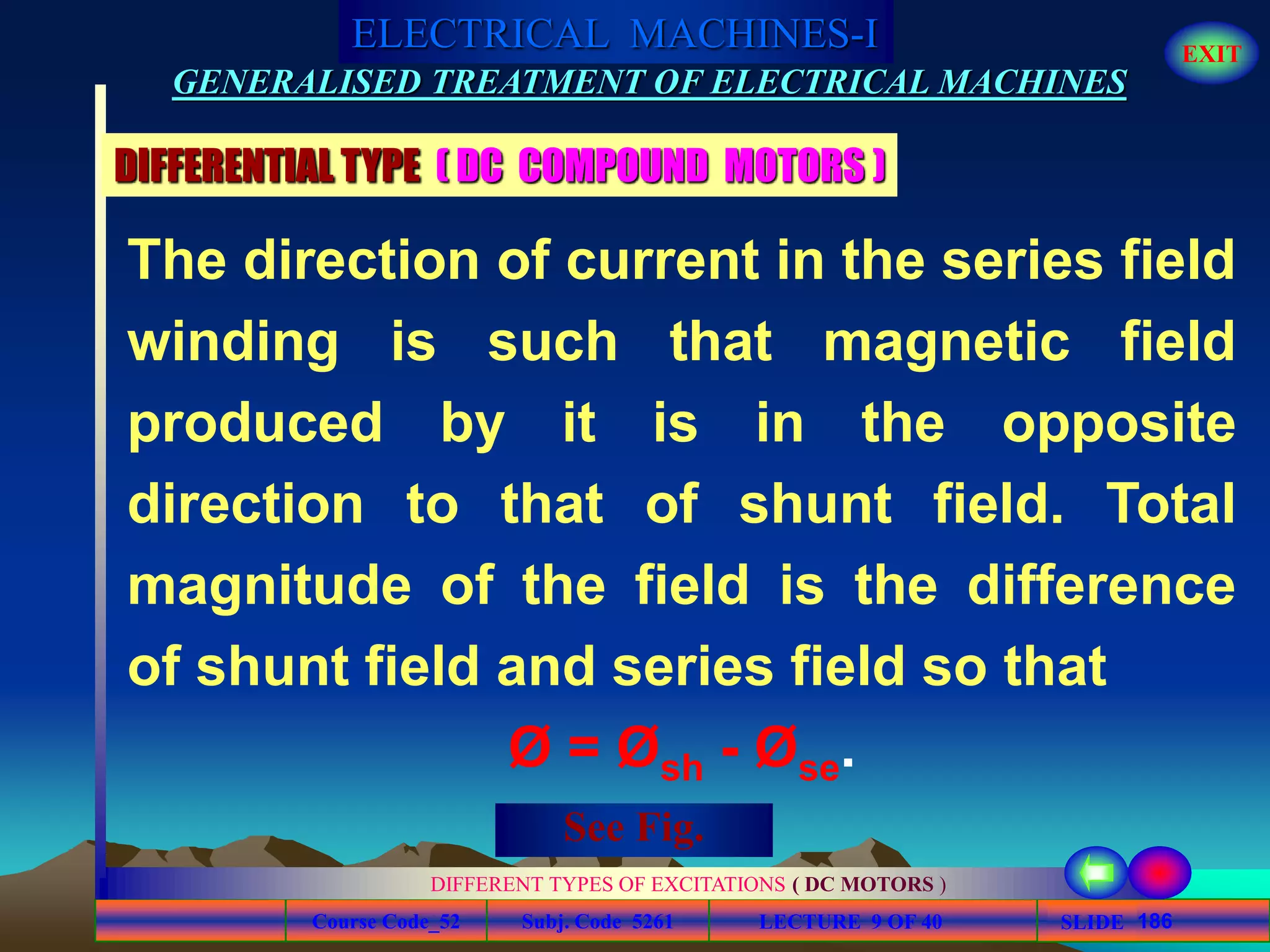 Course Code_52 Subj. Code 5261 186SLIDE
ELECTRICAL MACHINES-I EXIT
GENERALISED TREATMENT OF ELECTRICAL MACHINES
LECTURE 9 OF 40
DIFFERENT TYPES OF EXCITATIONS ( DC MOTORS )
DIFFERENTIAL TYPE ( DC COMPOUND MOTORS )
The direction of current in the series field
winding is such that magnetic field
produced by it is in the opposite
direction to that of shunt field. Total
magnitude of the field is the difference
of shunt field and series field so that
Ø = Øsh - Øse.
See Fig.
 