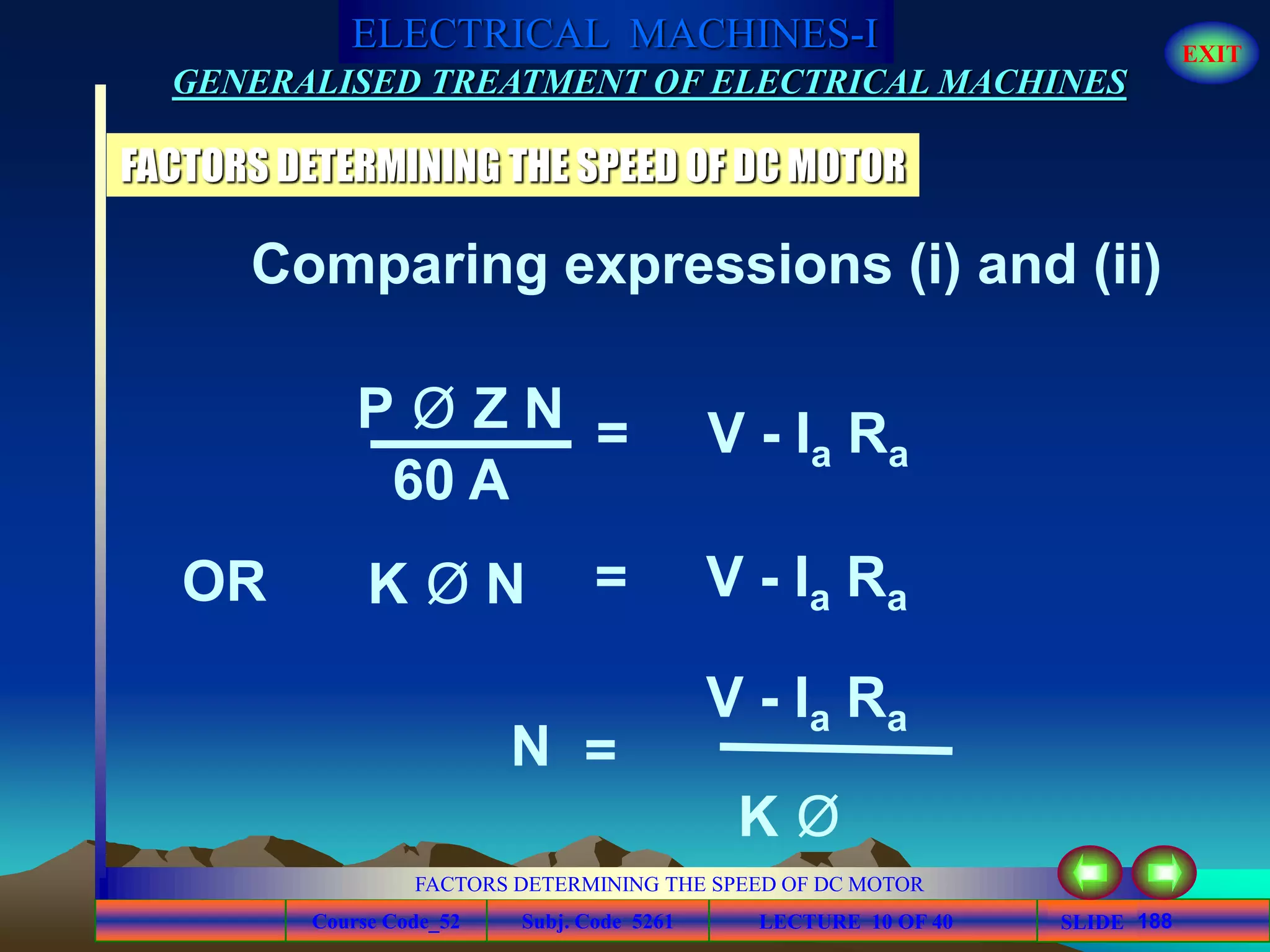 Course Code_52 Subj. Code 5261 188SLIDE
ELECTRICAL MACHINES-I EXIT
GENERALISED TREATMENT OF ELECTRICAL MACHINES
FACTORS DETERMINING THE SPEED OF DC MOTOR
LECTURE 10 OF 40
FACTORS DETERMINING THE SPEED OF DC MOTOR
P Ø Z N
60 A
= V - Ia Ra
Comparing expressions (i) and (ii)
K Ø N = V - Ia RaOR
N =
V - Ia Ra
K Ø
 
