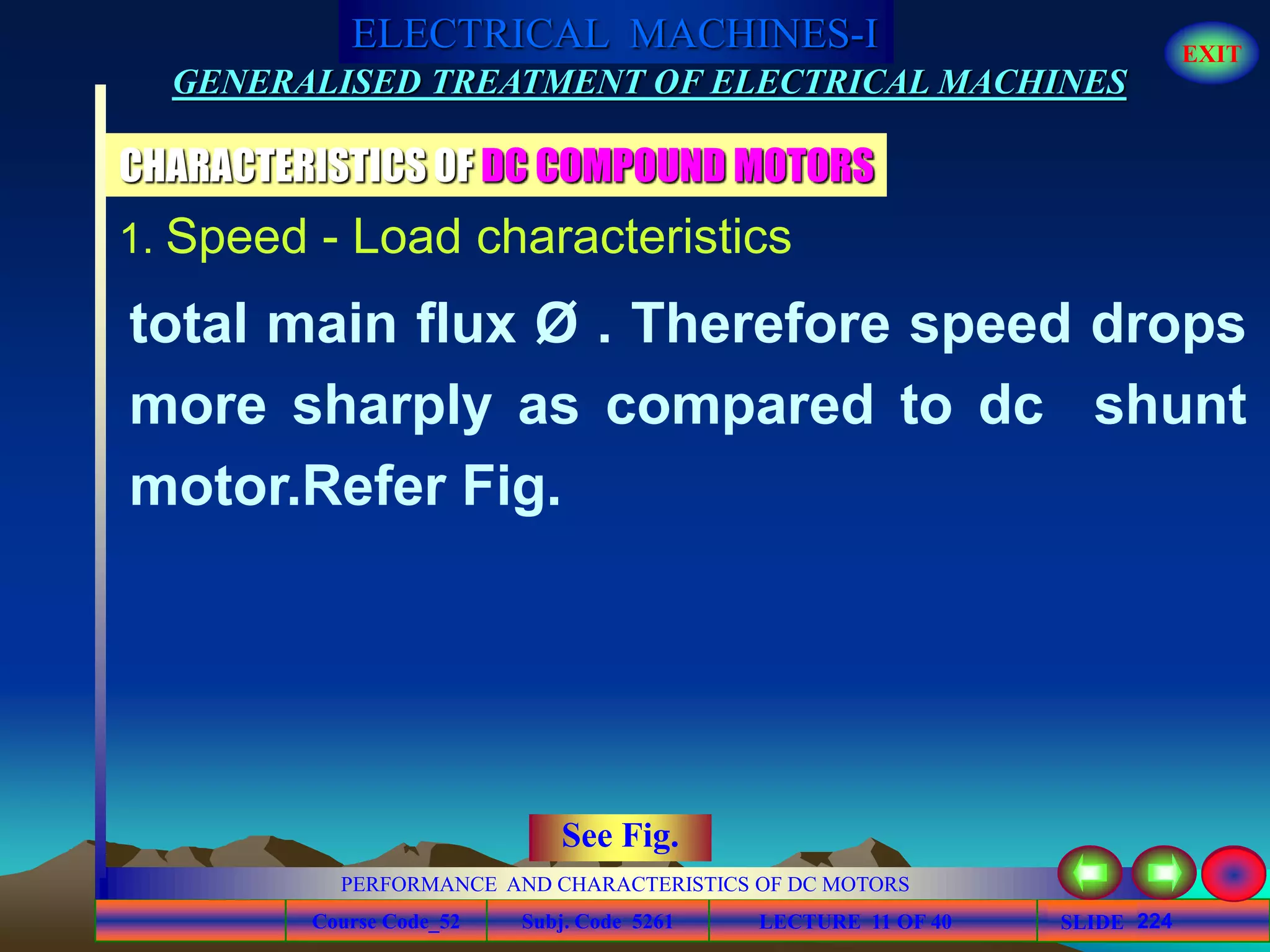 Course Code_52 Subj. Code 5261 224SLIDE
ELECTRICAL MACHINES-I EXIT
GENERALISED TREATMENT OF ELECTRICAL MACHINES
PERFORMANCE AND CHARACTERISTICS OF DC MOTORS
LECTURE 11 OF 40
CHARACTERISTICS OF DC COMPOUND MOTORS
1. Speed - Load characteristics
total main flux Ø . Therefore speed drops
more sharply as compared to dc shunt
motor.Refer Fig.
See Fig.
 