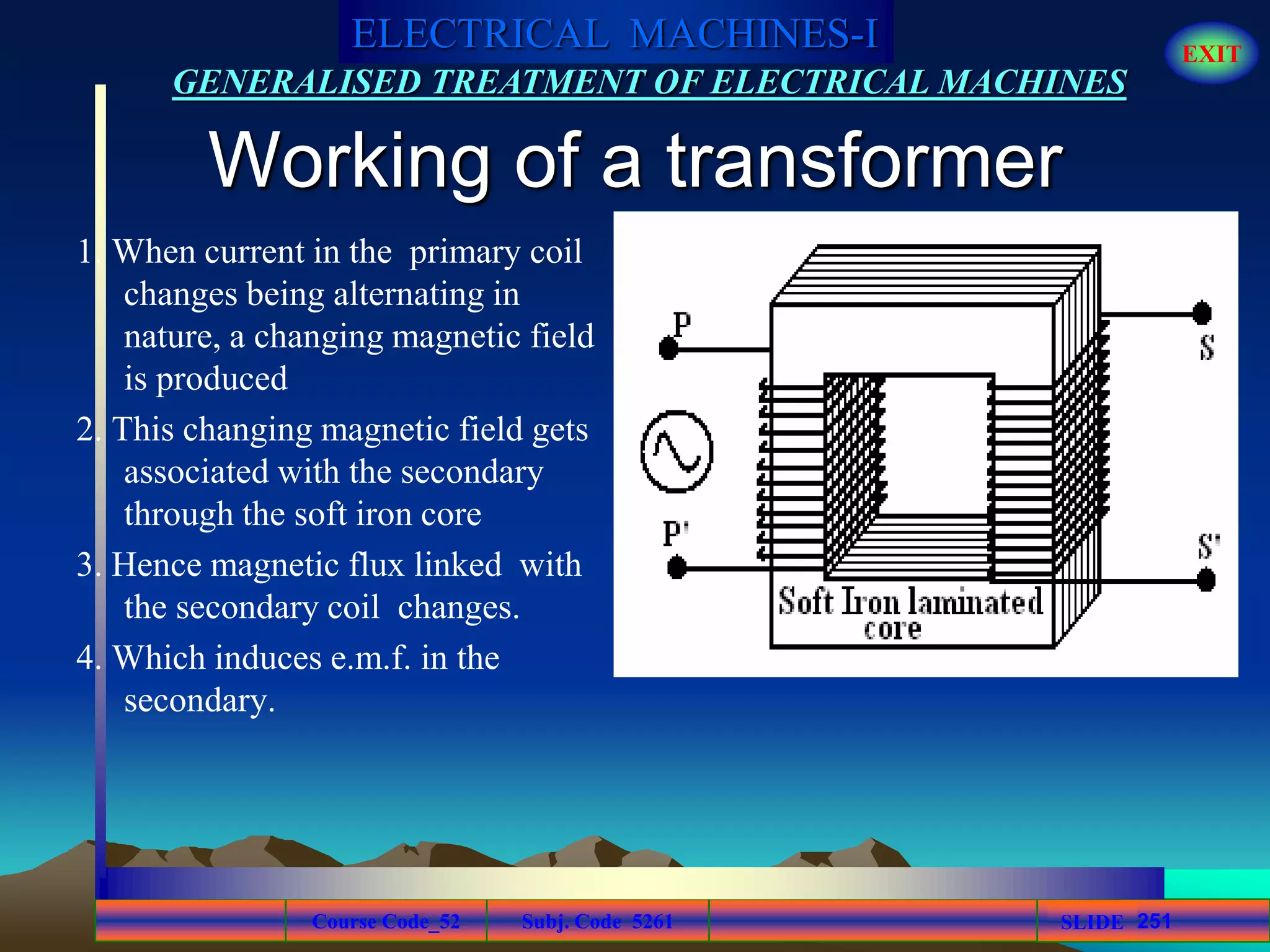 Course Code_52 Subj. Code 5261 251SLIDE
ELECTRICAL MACHINES-I EXIT
GENERALISED TREATMENT OF ELECTRICAL MACHINES
Working of a transformer
1. When current in the primary coil
changes being alternating in
nature, a changing magnetic field
is produced
2. This changing magnetic field gets
associated with the secondary
through the soft iron core
3. Hence magnetic flux linked with
the secondary coil changes.
4. Which induces e.m.f. in the
secondary.
 