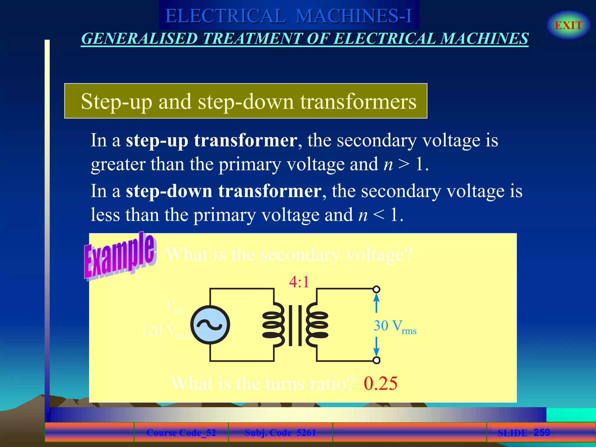 Course Code_52 Subj. Code 5261 259SLIDE
ELECTRICAL MACHINES-I EXIT
GENERALISED TREATMENT OF ELECTRICAL MACHINES
120 Vrms
Vpri
In a step-up transformer, the secondary voltage is
greater than the primary voltage and n > 1.
Step-up and step-down transformers
In a step-down transformer, the secondary voltage is
less than the primary voltage and n < 1.
What is the secondary voltage?
4:1
?30 Vrms
What is the turns ratio? 0.25
 