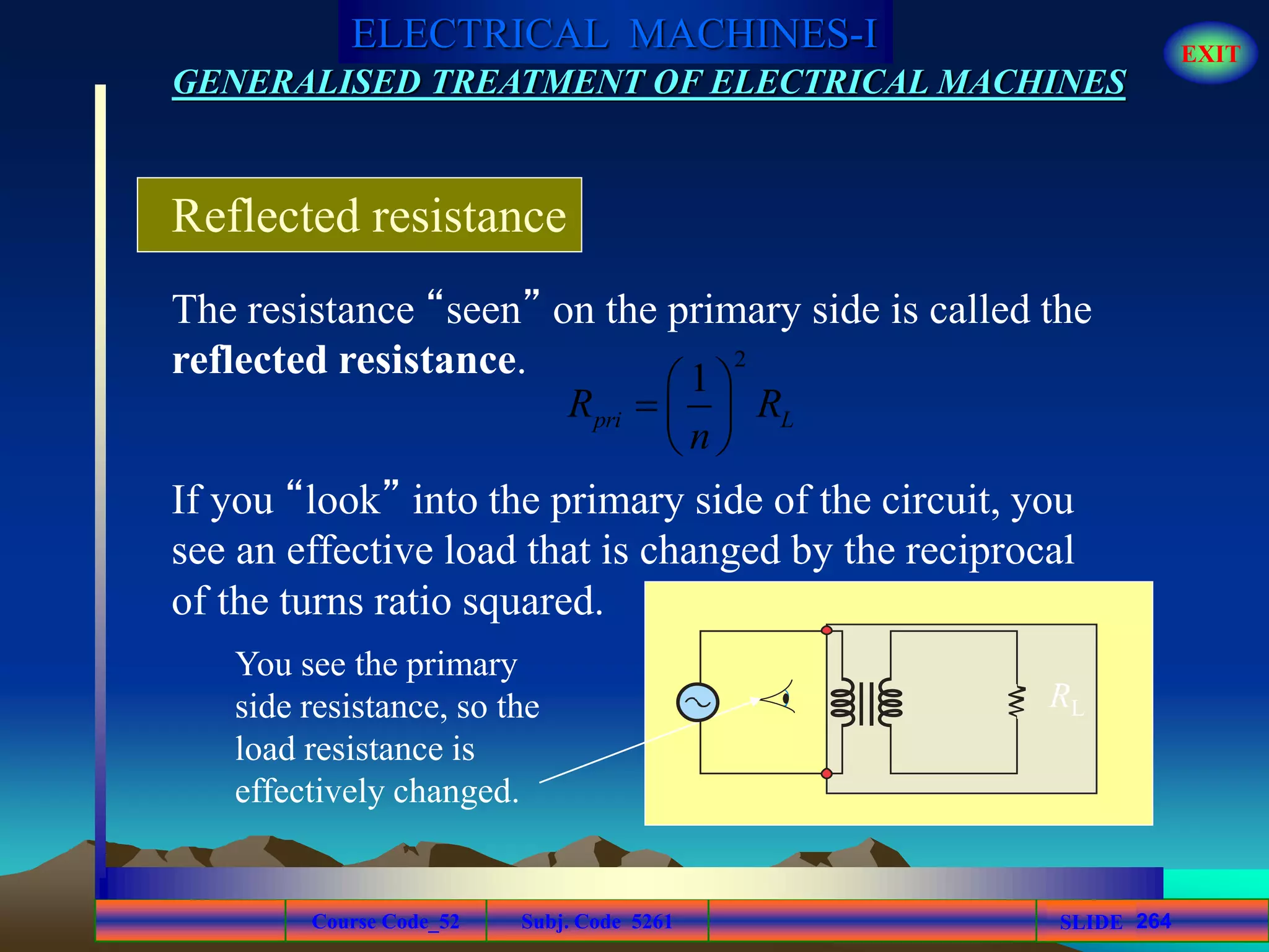Course Code_52 Subj. Code 5261 264SLIDE
ELECTRICAL MACHINES-I EXIT
GENERALISED TREATMENT OF ELECTRICAL MACHINES
Reflected resistance
The resistance “seen” on the primary side is called the
reflected resistance. 2
1
pri LR R
n
 
  
 
If you “look” into the primary side of the circuit, you
see an effective load that is changed by the reciprocal
of the turns ratio squared.
You see the primary
side resistance, so the
load resistance is
effectively changed.
RL
 