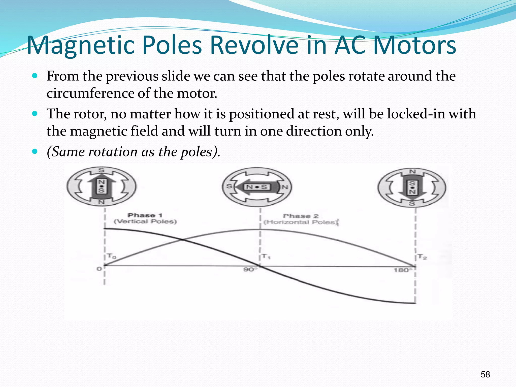 58
Magnetic Poles Revolve in AC Motors
 From the previous slide we can see that the poles rotate around the
circumference of the motor.
 The rotor, no matter how it is positioned at rest, will be locked-in with
the magnetic field and will turn in one direction only.
 (Same rotation as the poles).
 