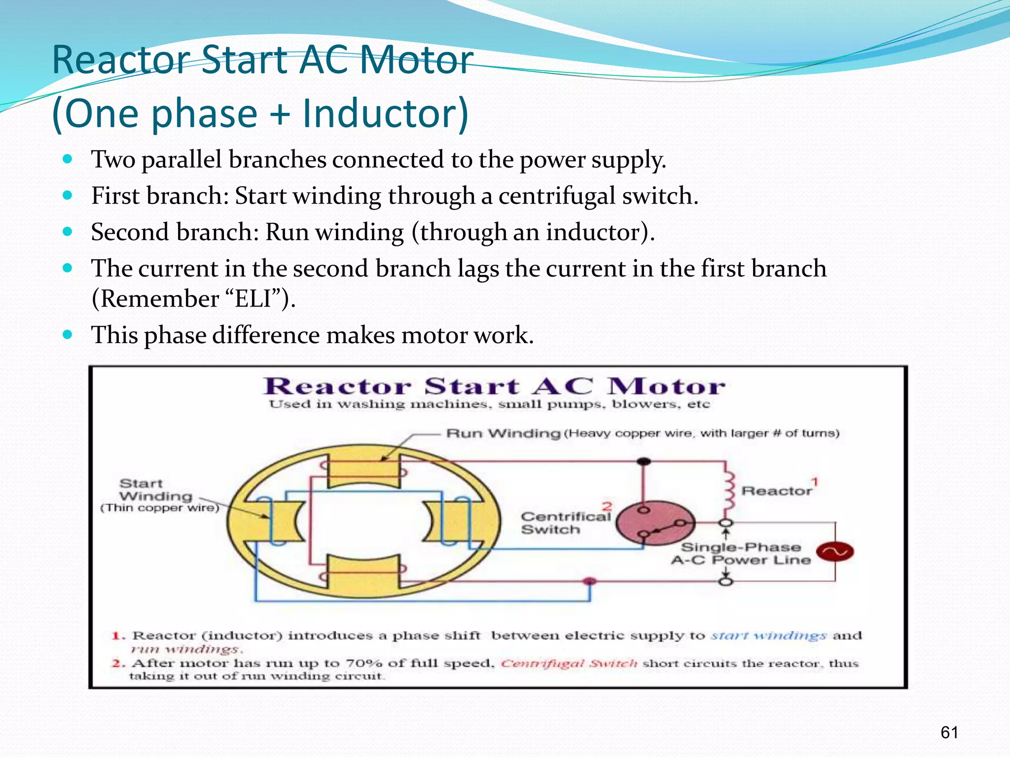 61
Reactor Start AC Motor
(One phase + Inductor)
 Two parallel branches connected to the power supply.
 First branch: Start winding through a centrifugal switch.
 Second branch: Run winding (through an inductor).
 The current in the second branch lags the current in the first branch
(Remember “ELI”).
 This phase difference makes motor work.
 
