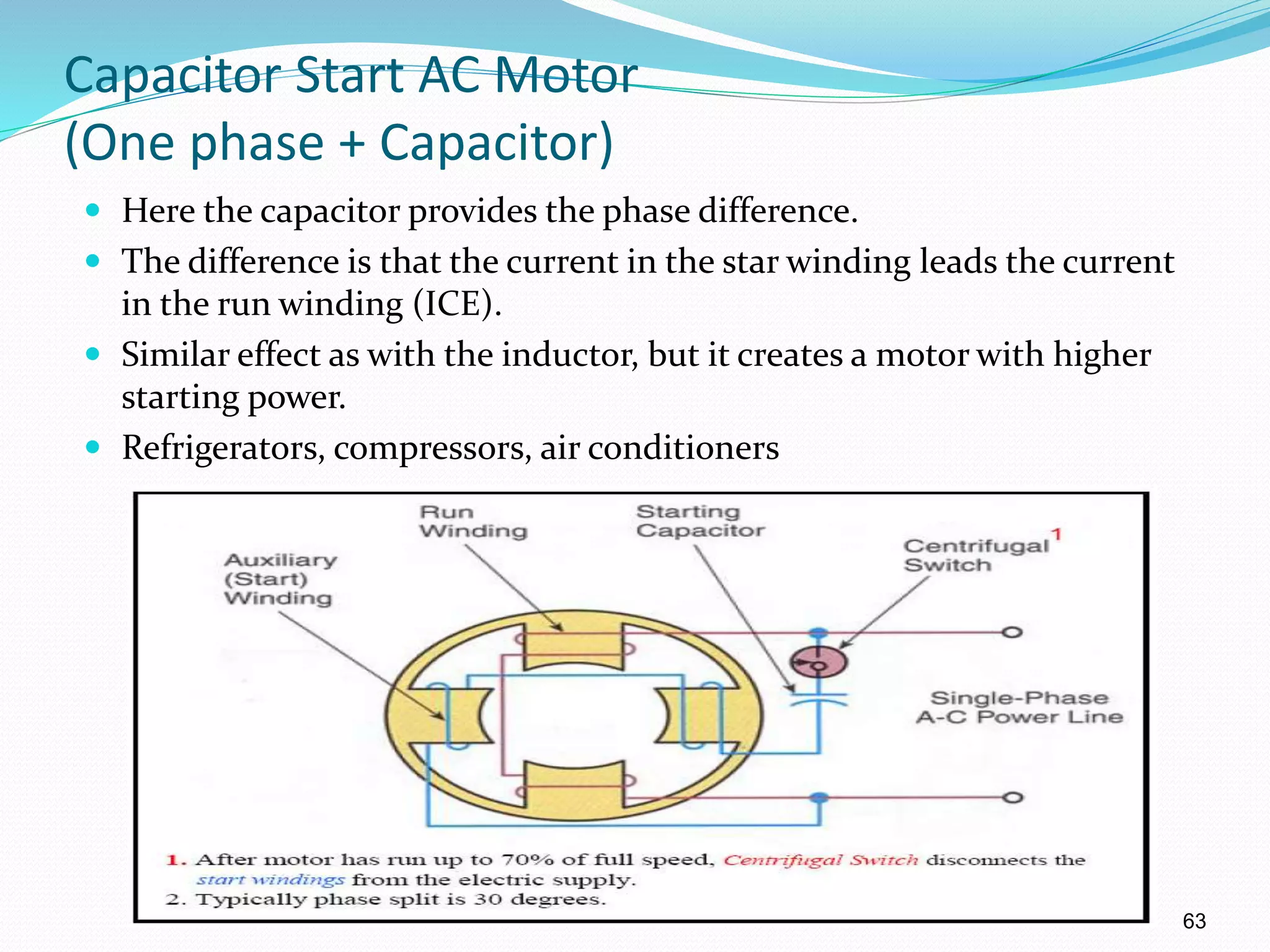 63
Capacitor Start AC Motor
(One phase + Capacitor)
 Here the capacitor provides the phase difference.
 The difference is that the current in the star winding leads the current
in the run winding (ICE).
 Similar effect as with the inductor, but it creates a motor with higher
starting power.
 Refrigerators, compressors, air conditioners
8
 