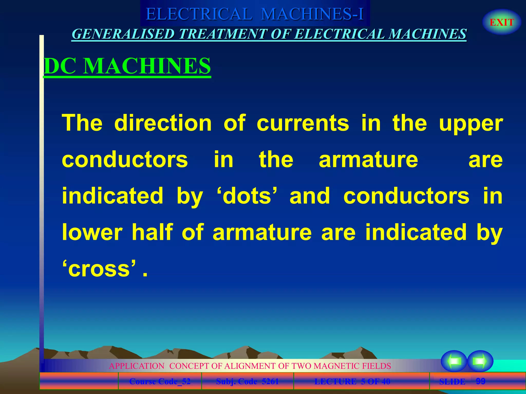 Course Code_52 Subj. Code 5261 99SLIDE
ELECTRICAL MACHINES-I EXIT
GENERALISED TREATMENT OF ELECTRICAL MACHINES
LECTURE 5 OF 40
APPLICATION CONCEPT OF ALIGNMENT OF TWO MAGNETIC FIELDS
DC MACHINES
The direction of currents in the upper
conductors in the armature are
indicated by ‘dots’ and conductors in
lower half of armature are indicated by
‘cross’ .
 
