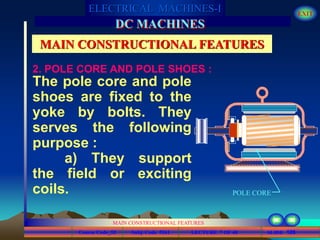 Course Code_52 Subj. Code 5261 128SLIDE
ELECTRICAL MACHINES-I EXIT
GENERALISED TREATMENT OF ELECTRICAL MACHINES
MAIN CONSTRUCTIONAL FEATURES
LECTURE 7 OF 40
DC MACHINES
MAIN CONSTRUCTIONAL FEATURES
The pole core and pole
shoes are fixed to the
yoke by bolts. They
serves the following
purpose :
a) They support
the field or exciting
coils.
2. POLE CORE AND POLE SHOES :
POLE CORE
 