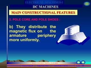 Course Code_52 Subj. Code 5261 129SLIDE
ELECTRICAL MACHINES-I EXIT
GENERALISED TREATMENT OF ELECTRICAL MACHINES
MAIN CONSTRUCTIONAL FEATURES
LECTURE 7 OF 40
DC MACHINES
MAIN CONSTRUCTIONAL FEATURES
b) They distribute the
magnetic flux on the
armature periphery
more uniformly.
2. POLE CORE AND POLE SHOES :
 
