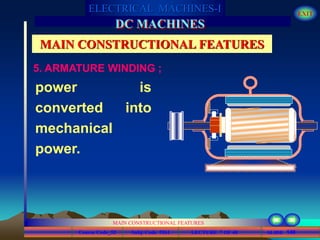 Course Code_52 Subj. Code 5261 140SLIDE
ELECTRICAL MACHINES-I EXIT
GENERALISED TREATMENT OF ELECTRICAL MACHINES
MAIN CONSTRUCTIONAL FEATURES
LECTURE 7 OF 40
DC MACHINES
MAIN CONSTRUCTIONAL FEATURES
5. ARMATURE WINDING ;
power is
converted into
mechanical
power.
 