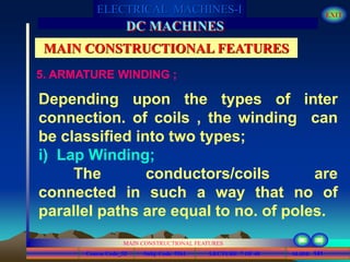 Course Code_52 Subj. Code 5261 141SLIDE
ELECTRICAL MACHINES-I EXIT
GENERALISED TREATMENT OF ELECTRICAL MACHINES
MAIN CONSTRUCTIONAL FEATURES
LECTURE 7 OF 40
DC MACHINES
MAIN CONSTRUCTIONAL FEATURES
5. ARMATURE WINDING ;
Depending upon the types of inter
connection. of coils , the winding can
be classified into two types;
i) Lap Winding;
The conductors/coils are
connected in such a way that no of
parallel paths are equal to no. of poles.
 