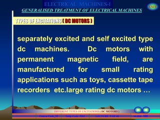 Course Code_52 Subj. Code 5261 160SLIDE
ELECTRICAL MACHINES-I EXIT
GENERALISED TREATMENT OF ELECTRICAL MACHINES
LECTURE 9 OF 40
DIFFERENT TYPES OF EXCITATIONS ( DC MOTORS )
TYPES OF EXCITATIONS ( DC MOTORS )
separately excited and self excited type
dc machines. Dc motors with
permanent magnetic field, are
manufactured for small rating
applications such as toys, cassette tape
recorders etc.large rating dc motors …
 