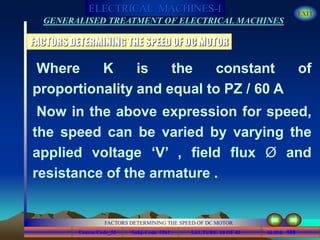 Course Code_52 Subj. Code 5261 189SLIDE
ELECTRICAL MACHINES-I EXIT
GENERALISED TREATMENT OF ELECTRICAL MACHINES
FACTORS DETERMINING THE SPEED OF DC MOTOR
LECTURE 10 OF 40
FACTORS DETERMINING THE SPEED OF DC MOTOR
Where K is the constant of
proportionality and equal to PZ / 60 A
Now in the above expression for speed,
the speed can be varied by varying the
applied voltage ‘V’ , field flux Ø and
resistance of the armature .
 