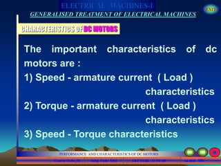 Course Code_52 Subj. Code 5261 191SLIDE
ELECTRICAL MACHINES-I EXIT
GENERALISED TREATMENT OF ELECTRICAL MACHINES
PERFORMANCE AND CHARACTERISTICS OF DC MOTORS
LECTURE 11 OF 40
The important characteristics of dc
motors are :
1) Speed - armature current ( Load )
characteristics
2) Torque - armature current ( Load )
characteristics
3) Speed - Torque characteristics
CHARACTERISTICS OF DC MOTORS
 