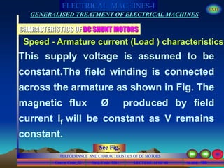 Course Code_52 Subj. Code 5261 196SLIDE
ELECTRICAL MACHINES-I EXIT
GENERALISED TREATMENT OF ELECTRICAL MACHINES
PERFORMANCE AND CHARACTERISTICS OF DC MOTORS
LECTURE 11 OF 40
CHARACTERISTICS OF DC SHUNT MOTORS
This supply voltage is assumed to be
constant.The field winding is connected
across the armature as shown in Fig. The
magnetic flux Ø produced by field
current If will be constant as V remains
constant.
Speed - Armature current (Load ) characteristics
See Fig.
 