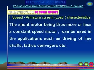 Course Code_52 Subj. Code 5261 199SLIDE
ELECTRICAL MACHINES-I EXIT
GENERALISED TREATMENT OF ELECTRICAL MACHINES
PERFORMANCE AND CHARACTERISTICS OF DC MOTORS
LECTURE 11 OF 40
CHARACTERISTICS OF DC SHUNT MOTORS
The shunt motor being thus more or less
a constant speed motor , can be used in
the applications such as driving of line
shafts, lathes conveyors etc.
1. Speed - Armature current (Load ) characteristics
 