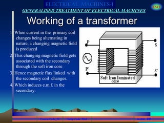 Course Code_52 Subj. Code 5261 251SLIDE
ELECTRICAL MACHINES-I EXIT
GENERALISED TREATMENT OF ELECTRICAL MACHINES
Working of a transformer
1. When current in the primary coil
changes being alternating in
nature, a changing magnetic field
is produced
2. This changing magnetic field gets
associated with the secondary
through the soft iron core
3. Hence magnetic flux linked with
the secondary coil changes.
4. Which induces e.m.f. in the
secondary.
 