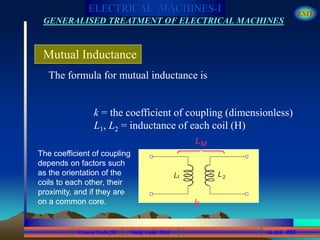 Course Code_52 Subj. Code 5261 255SLIDE
ELECTRICAL MACHINES-I EXIT
GENERALISED TREATMENT OF ELECTRICAL MACHINES
The formula for mutual inductance is
Mutual Inductance
LM
k
k = the coefficient of coupling (dimensionless)
L1, L2 = inductance of each coil (H)
The coefficient of coupling
depends on factors such
as the orientation of the
coils to each other, their
proximity, and if they are
on a common core.
1 2L1 L2
 