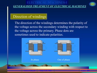 Course Code_52 Subj. Code 5261 258SLIDE
ELECTRICAL MACHINES-I EXIT
GENERALISED TREATMENT OF ELECTRICAL MACHINES
The direction of the windings determines the polarity of
the voltage across the secondary winding with respect to
the voltage across the primary. Phase dots are
sometimes used to indicate polarities.
Direction of windings
In phase Out of phase
 