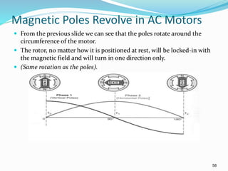 58
Magnetic Poles Revolve in AC Motors
 From the previous slide we can see that the poles rotate around the
circumference of the motor.
 The rotor, no matter how it is positioned at rest, will be locked-in with
the magnetic field and will turn in one direction only.
 (Same rotation as the poles).
 