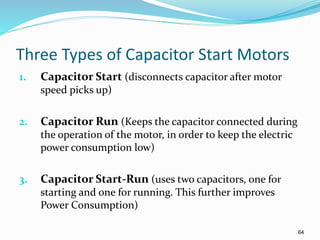 64
Three Types of Capacitor Start Motors
1. Capacitor Start (disconnects capacitor after motor
speed picks up)
2. Capacitor Run (Keeps the capacitor connected during
the operation of the motor, in order to keep the electric
power consumption low)
3. Capacitor Start-Run (uses two capacitors, one for
starting and one for running. This further improves
Power Consumption)
 